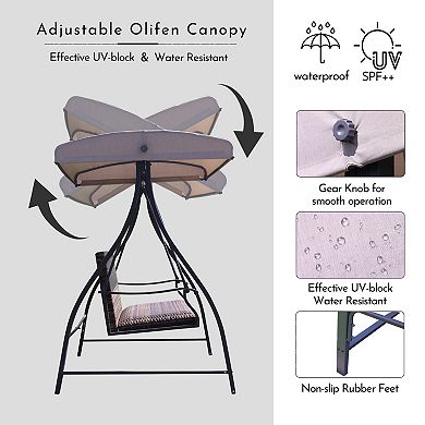 Aoodor 3-Seat Outdoor Rattan Patio Swing with Adjustable Canopy, Built-in Quick-drying Foam Seat