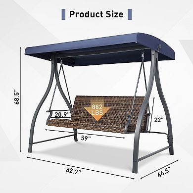 Aoodor 3-Seat Outdoor Rattan Patio Swing with Adjustable Canopy