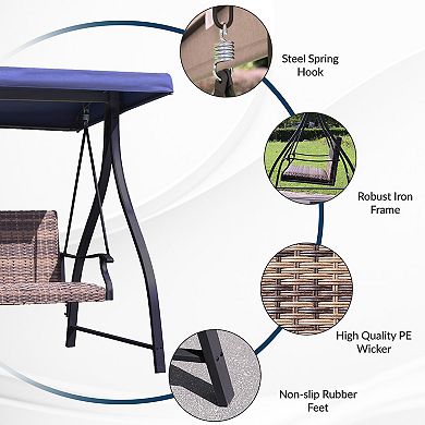 Aoodor 3-Seat Outdoor Rattan Patio Swing with Adjustable Canopy