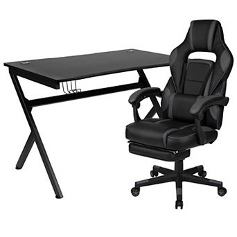 Emma and Oliver Gaming Desk Set - Cup/Headset Holder/Reclining & Footrest