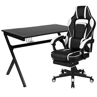 Emma and Oliver Gaming Desk Set - Cup/Headset Holder/Reclining & Footrest
