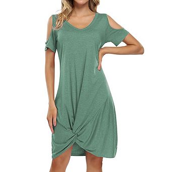 Women V Neck T-shirt Dresses Swing Short Sleeve Cold Shoulder Tunic Twist Knot Midi Shirt Dress