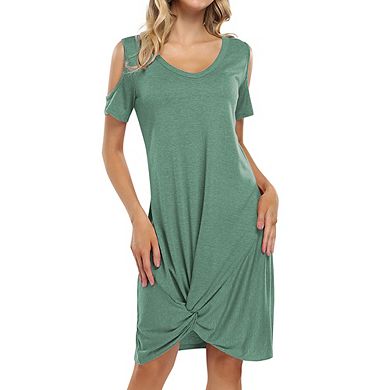 Women V Neck T-shirt Dresses Swing Short Sleeve Cold Shoulder Tunic Twist Knot Midi Shirt Dress