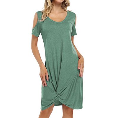 Women V Neck T-shirt Dresses Swing Short Sleeve Cold Shoulder Tunic Twist  Knot Midi Shirt Dress