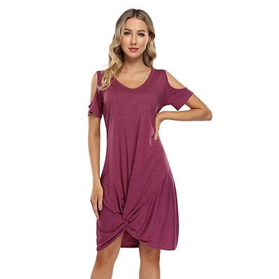 Women V Neck T shirt Dresses Swing Short Sleeve Cold Shoulder Tunic Twist Knot Midi Shirt Dress