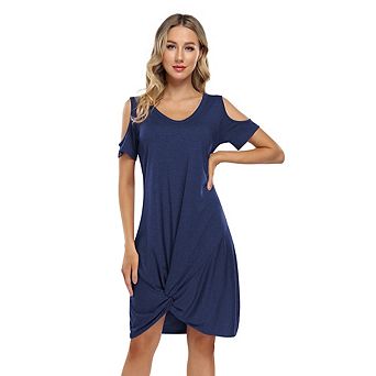 Women V Neck T-shirt Dresses Swing Short Sleeve Cold Shoulder Tunic Twist Knot Midi Shirt Dress