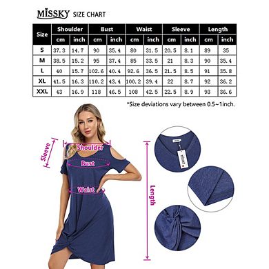 Women V Neck T-shirt Dresses Swing Short Sleeve Cold Shoulder Tunic Twist Knot Midi Shirt Dress