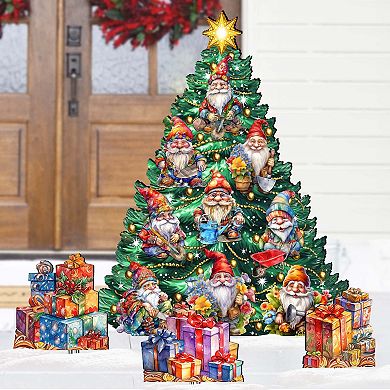 48-Inch Gnomes Christmas Tree Set Outdoor Indoor Handcrafted Wooden Porch Decor by G. DeBrekht