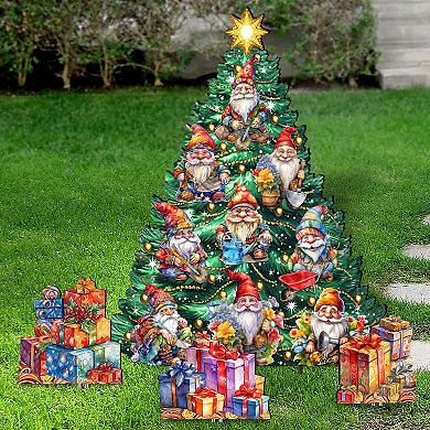 48-Inch Gnomes Christmas Tree Set Outdoor Indoor Handcrafted Wooden Porch Decor by G. DeBrekht