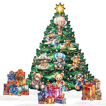 48-Inch Teddy Bear Christmas Tree Set Outdoor Indoor Handcrafted Wooden Porch Decor by G. DeBrekht