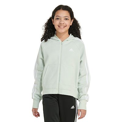 Girls Adidas 3 Stripe Cotton Full Zip Medium Linen Green