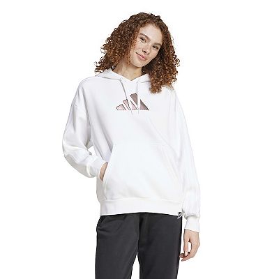 Women s Adidas Holiday Graphic 3 Stripes Oversized Hoodie White Medium