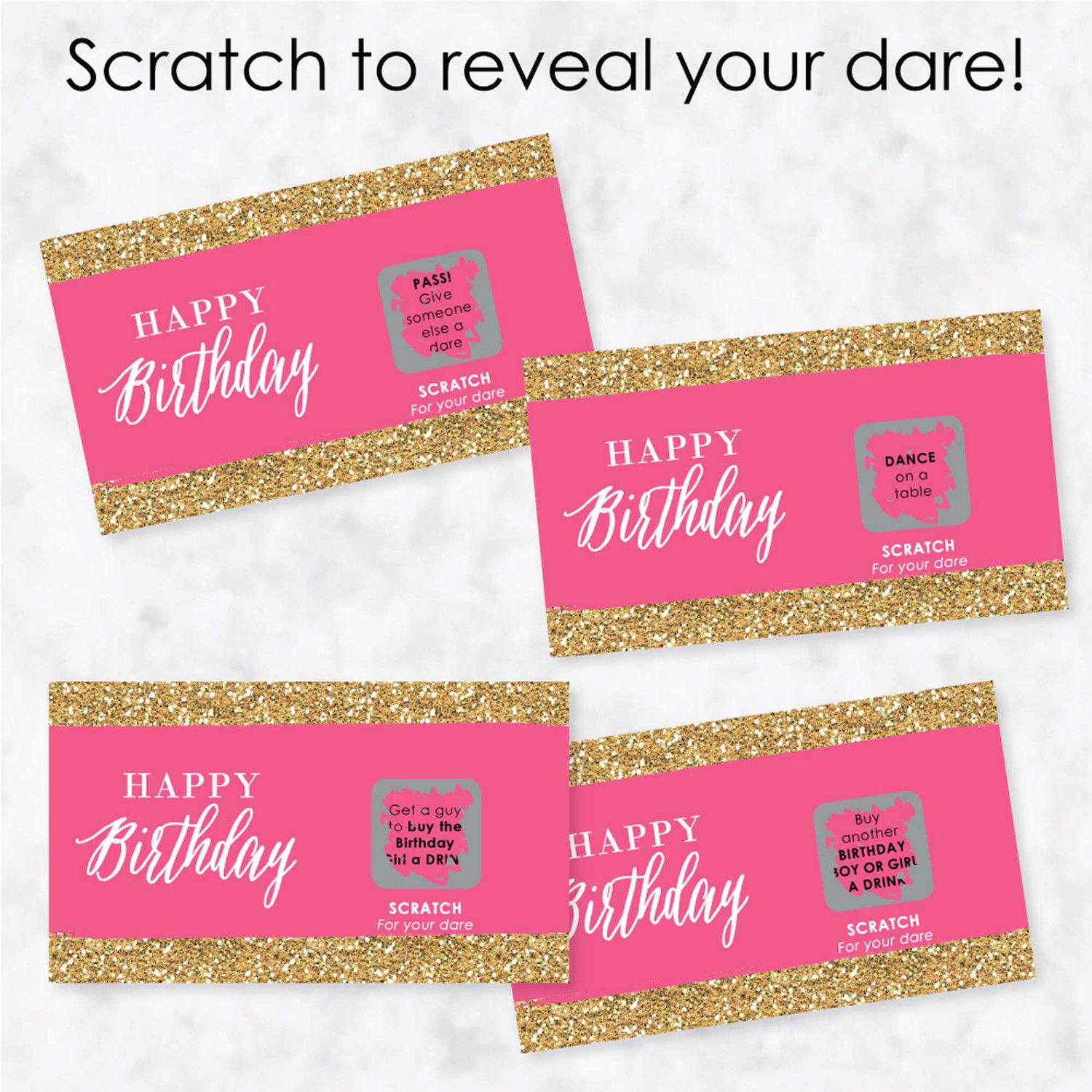 Pink Rose Gold Birthday Scratch-Off Dare Cards - 22 Count Party Game For Girls Night & Celebrations