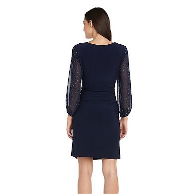 Women's R&M Richards Faux Wrap Dress with Sheer Balloon Studded Sleeves