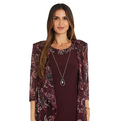 Women's R&M Richards Paisley Flyaway Jacket with Solid Jersey Dress and Necklace