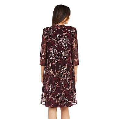 Women's R&M Richards Paisley Flyaway Jacket with Solid Jersey Dress and Necklace