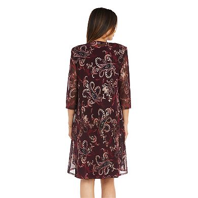 Women's R&M Richards Paisley Flyaway Jacket with Solid Jersey Dress and Necklace