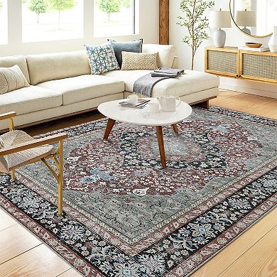 Glowsol Vintage Distressed Floral Printed Washable And Throw Rug