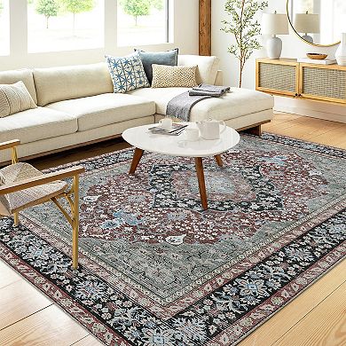 Garvee Vintage Distressed Floral Printed Washable and Throw Rug