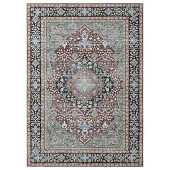 Garvee Vintage Distressed Floral Printed Washable and Throw Rug