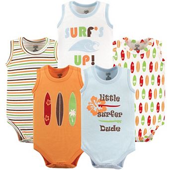 Luvable Friends Baby Boy Cotton Sleeveless Bodysuits 5 pk Surfer, 9-12 Months