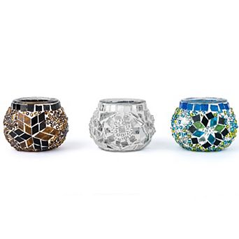 2.4 in Handmade Ecru and White and Turquoise Mosaic Glass Tealight Candle Holder (Set of 3)