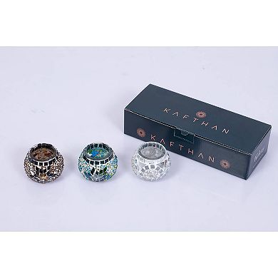 2.4 in. Handmade Ecru and White and Turquoise Mosaic Glass Tealight Candle Holder (Set of 3)