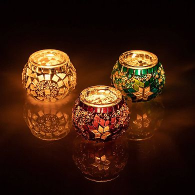 2.4 in. Handmade Ecru and White and Turquoise Mosaic Glass Tealight Candle Holder (Set of 3)