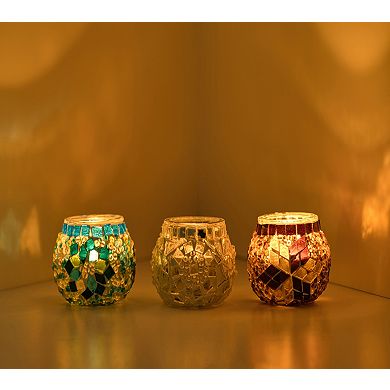 2.4 in. Handmade Ecru and White and Turquoise Mosaic Glass Tealight Candle Holder (Set of 3)