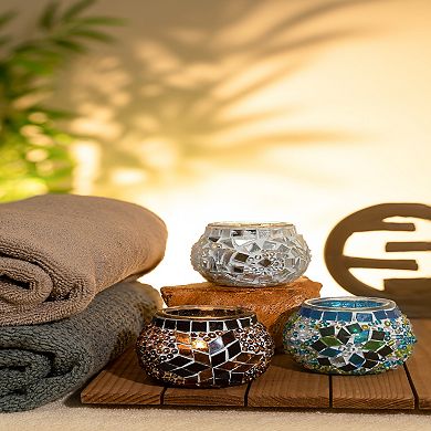 2.4 in. Handmade Ecru and White and Turquoise Mosaic Glass Tealight Candle Holder (Set of 3)