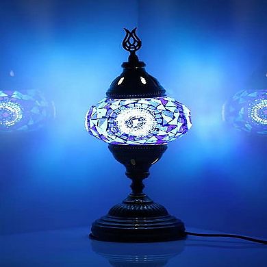 14.5 in. Handmade Blue Center Circle Mosaic Glass Table Lamp with Brass Color Metal Base