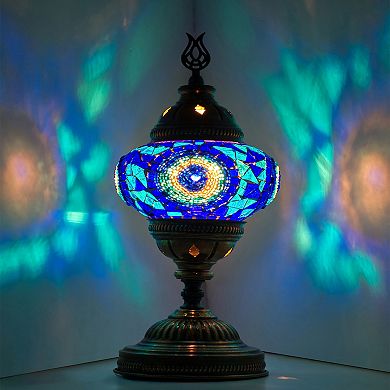 14.5 in. Handmade Blue Center Circle Mosaic Glass Table Lamp with Brass Color Metal Base