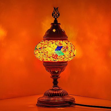 14.5 in. Handmade Multicolor Flowers Mosaic Glass Table Lamp with Brass Color Metal Base