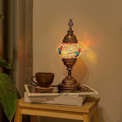 14.5 in. Handmade Multicolor Flowers Mosaic Glass Table Lamp with Brass Color Metal Base