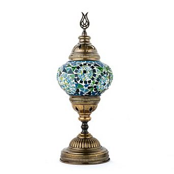 14.5 in Handmade Turquoise Circles Mosaic Glass Table Lamp with Brass Color Metal Base