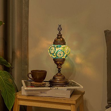 14.5 in. Handmade Turquoise Circles Mosaic Glass Table Lamp with Brass Color Metal Base