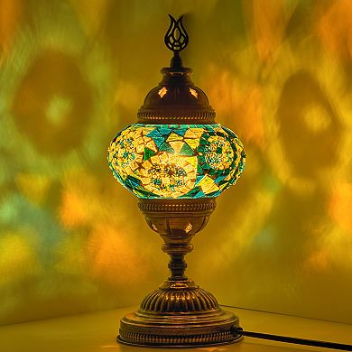 14.5 in. Handmade Turquoise Circles Mosaic Glass Table Lamp with Brass Color Metal Base