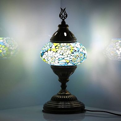14.5 in. Handmade Turquoise Circles Mosaic Glass Table Lamp with Brass Color Metal Base