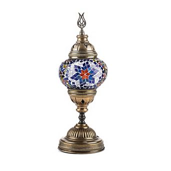 14.5 in Handmade Multicolor Flower Mosaic Glass Table Lamp with Brass Color Metal Base