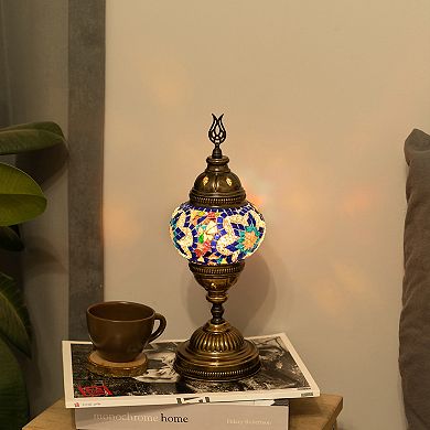 14.5 in. Handmade Multicolor Flower Mosaic Glass Table Lamp with Brass Color Metal Base