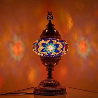 14.5 in. Handmade Multicolor Flower Mosaic Glass Table Lamp with Brass Color Metal Base