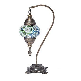 18 in Handmade Swan Neck Turquoise Mosaic Glass Table Lamp with Brass Color Metal Base