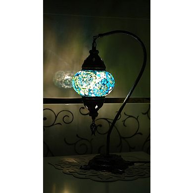 18 in. Handmade Swan Neck Turquoise Mosaic Glass Table Lamp with Brass Color Metal Base