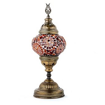14.5 in Handmade Red Separated Circles Mosaic Glass Table Lamp with Brass Color Metal Base