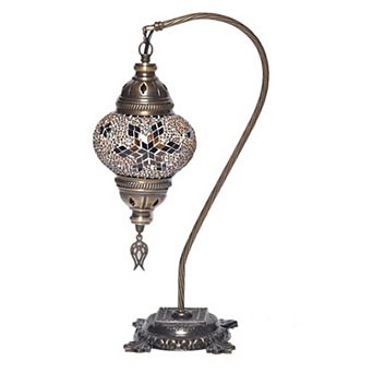 18 in Handmade Swan Neck Ecru Mosaic Glass Table Lamp with Brass Color Metal Base