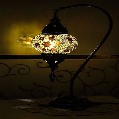 18 in. Handmade Swan Neck Ecru Mosaic Glass Table Lamp with Brass Color Metal Base