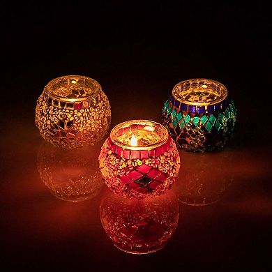 2.4 in. Handmade Orange and Blue and White Mosaic Glass Tealight Candle Holder (Set of 3)
