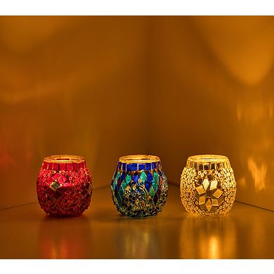 2.4 in. Handmade Orange and Blue and White Mosaic Glass Tealight Candle Holder (Set of 3)
