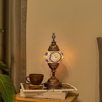 14.5 in. Handmade Multicolor Center Circle Mosaic Glass Table Lamp with Brass Color Metal Base