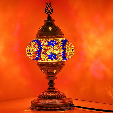 14.5 in. Handmade Multicolor Center Circle Mosaic Glass Table Lamp with Brass Color Metal Base